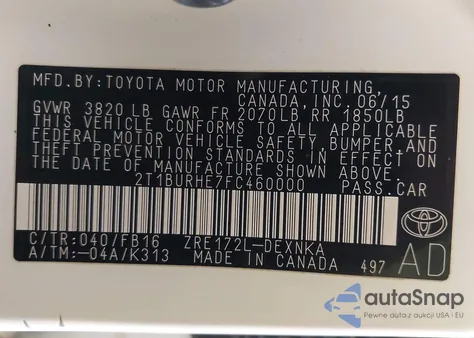 2015 Toyota Corolla Le из США, поврежденный, VIN 2T1BURHE7FC460000